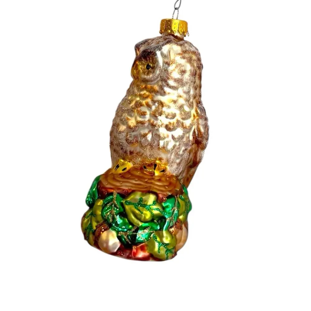 Hand‎ Blown Rustic Owl On Stump Glass Ornament Brown Gold Light Shimmer EUC
